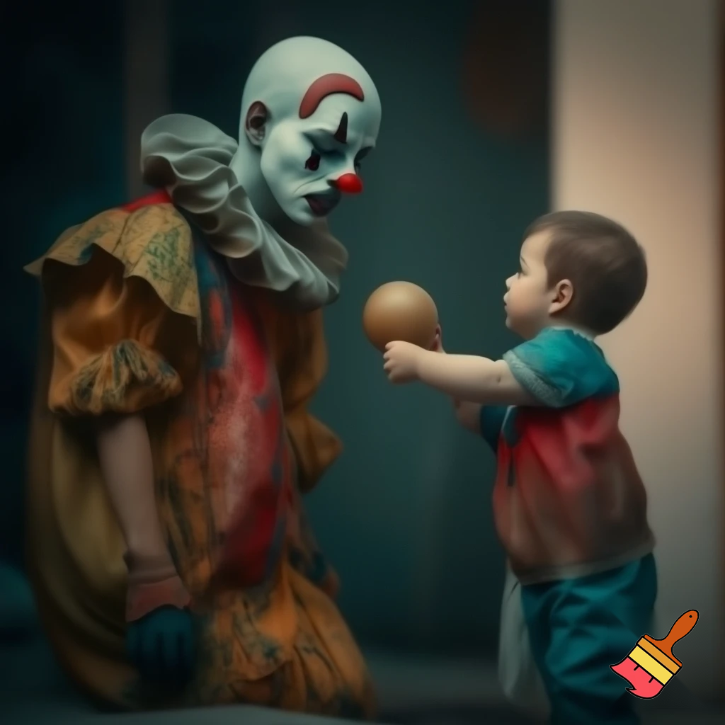 ):

A realistic full-body scene of a sad clown with detailed makeup and a colorful costume, standing quietly while a small child gently offers him a balloon animal. The atmosphere is emotional, tender, and heartwarming, with natural lighting, detailed fabric texture, and cinematic realism.