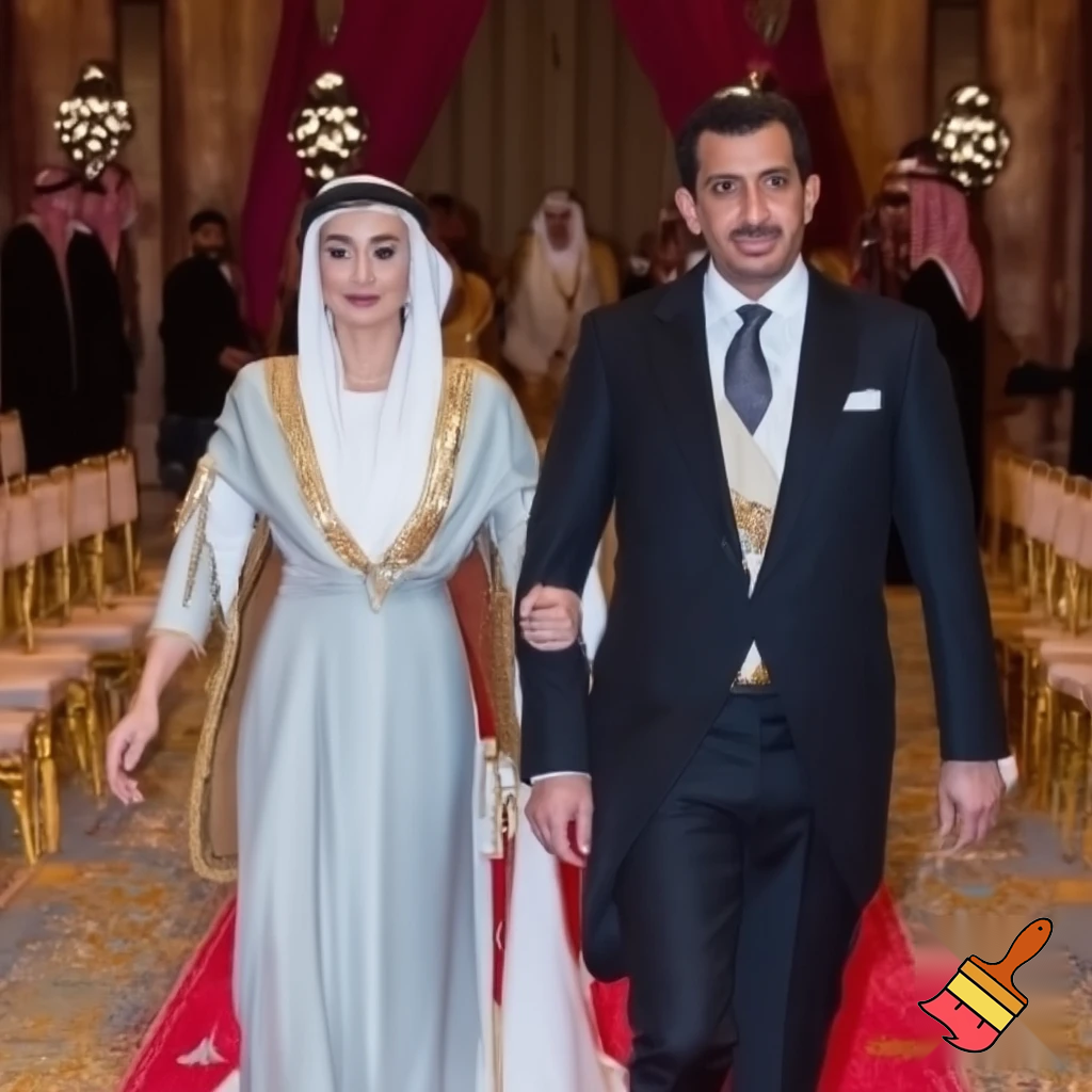 arab princess walking down the aisle next to her soon to be husband side view looking sad