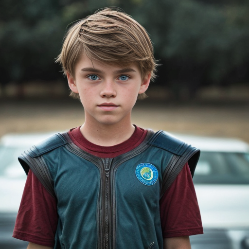 A girl with brown hair blue eyes that looks kinda like storm boy about 10 years old 