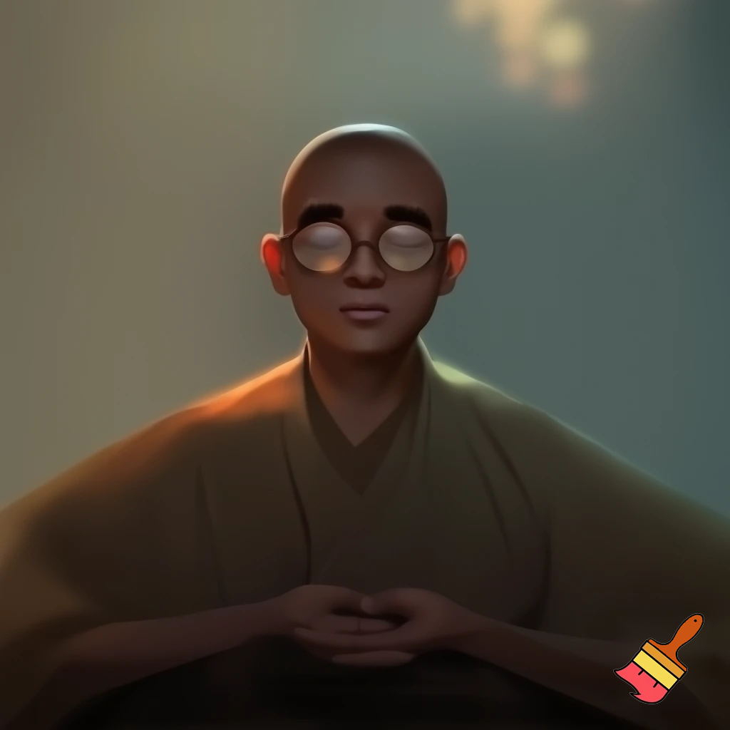 un black zen monk sitting in zazen posture, wearing dark rim glasses