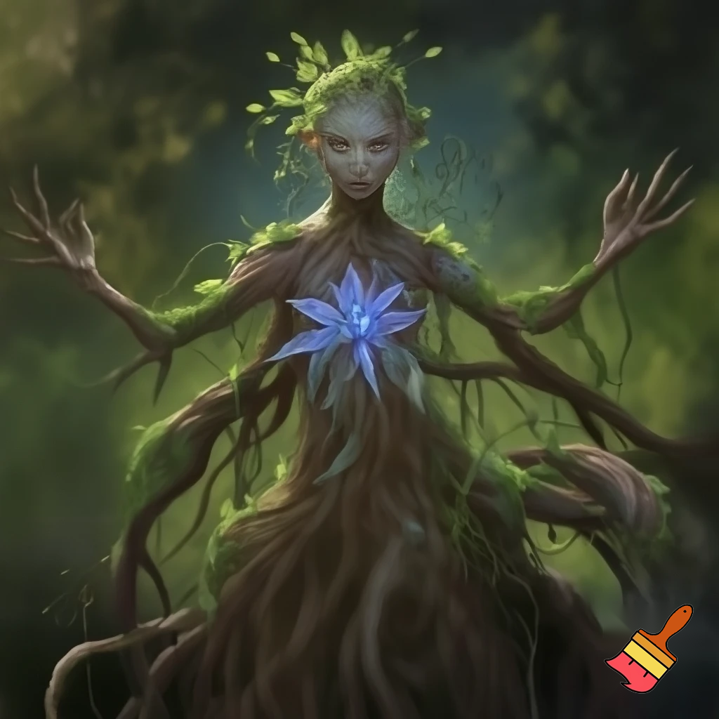 A tall, slender nature-creature made of living bark, flexible branches and shifting leaves that change color with emotion. A glowing blue flower grows on her chest, and her arms extend into long root-like fingers capable of stretching far. Her body has small sprouts, vines and soft moss growing across her shoulders. Her appearance mixes elegance with wild forest energy, calm but strong.