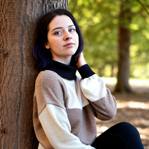 woman in her early twenties with white hair and violet eyes. wearing a cozy black sweater with a tan collar. she is sitting against a tree with only the bark visible behind her.