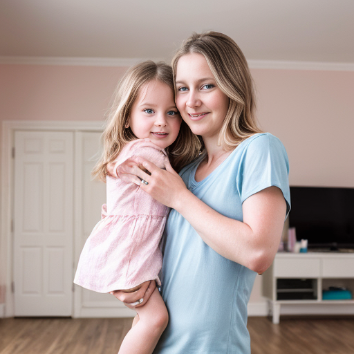 create a family photo of a 27 year old mother with dark blonde hair with blue eyes and her 2 year old daughter with blonde hair with blue eyes in pink at a house