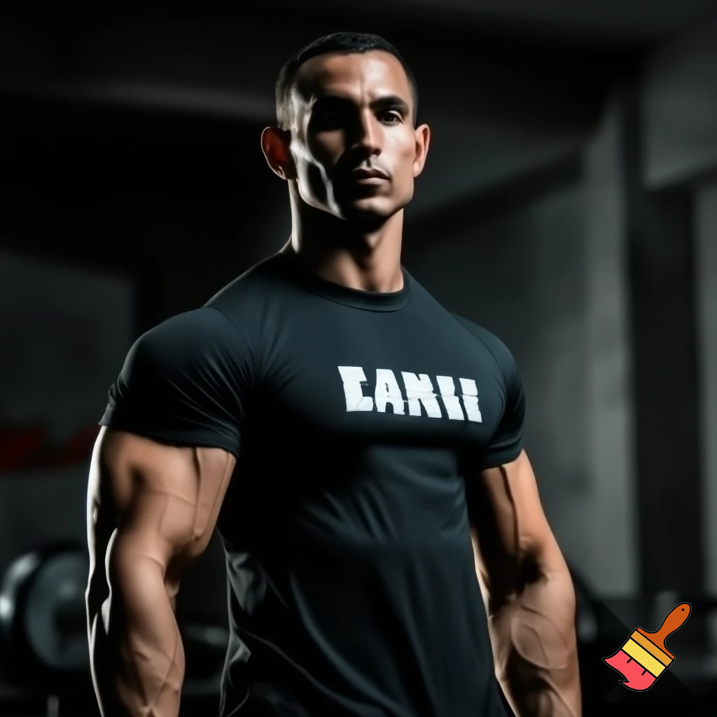 Make   A photo of a guy named Emil who is a gigachat and super strong his name shall be on his shirt and it’s Emil his name is EMIL