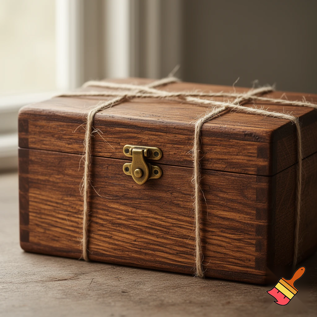 a wooden box, with clasp, tied with a string for extra security