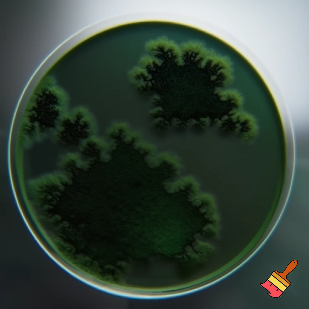 dark green mold on a petri dish
