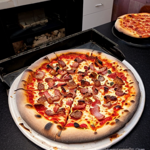 a tasty pizza with bacon on top and fresh cooked peaces of stake on it and tasty peperonis on it and macroni too