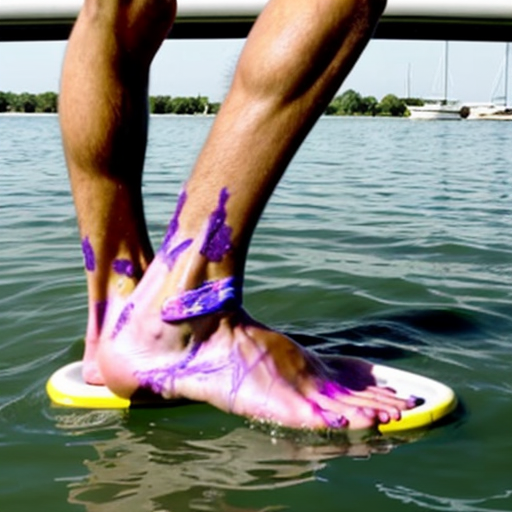 A barefoot young man waterskiing on bare feet with no skis