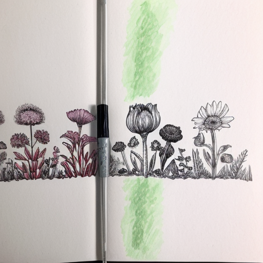 A sketch of multiple wildflowers  in a row. Black and white, simple and hand drawn