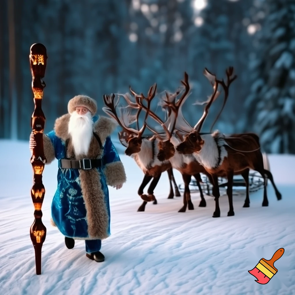 Russian Santa Claus walking stick with with t reindeers magic walking stick
