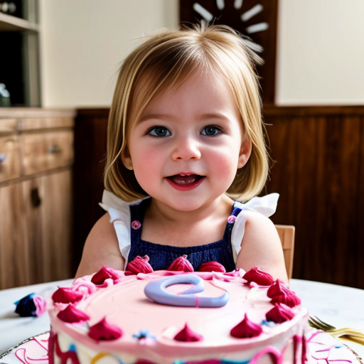create a 2 year old daughter with blonde hair with blue eyes in pink on her birthday in front of a cake at a house 