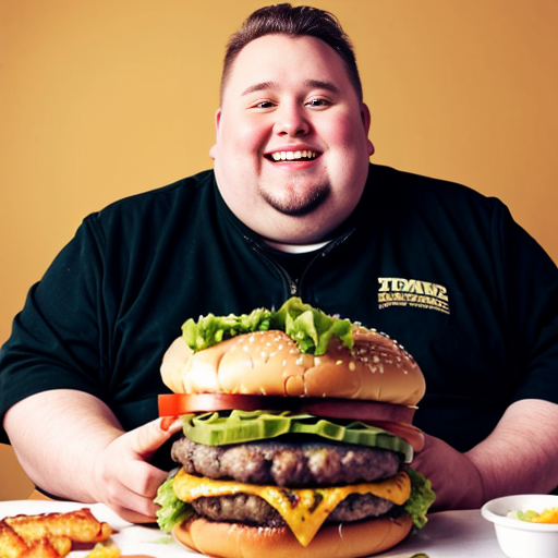 fat guy eating loads of burgers