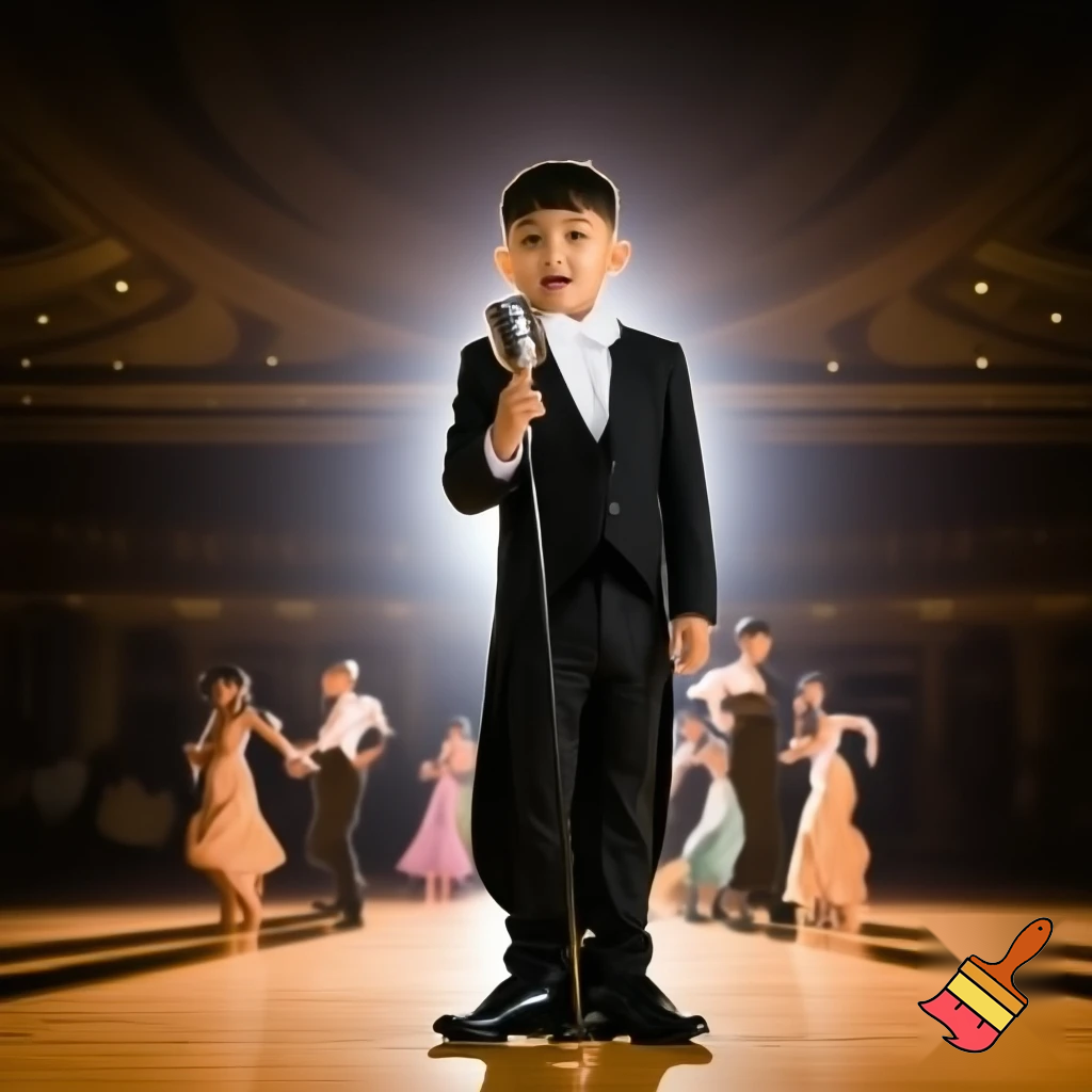Preteen Boy in Top Hat White Bowtie Black Tailcoat Black Shoes Singing in Microphone on a big Stage. Behind him Ballroom Dance Kid Couples Dancing, the Boys in formal stylish Tailcoats, the Girls in beautiful Ballroom Gowns