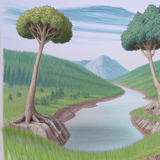 pour un élève de seconde en TP de SVT, propose une illustration d'un paysage fluviatile il y a 250 millions d'année avec une forêt à Voltzia, sans éléments modernes ni humains. J'attends que l'image soit réaliste et scientifiquement cohérente