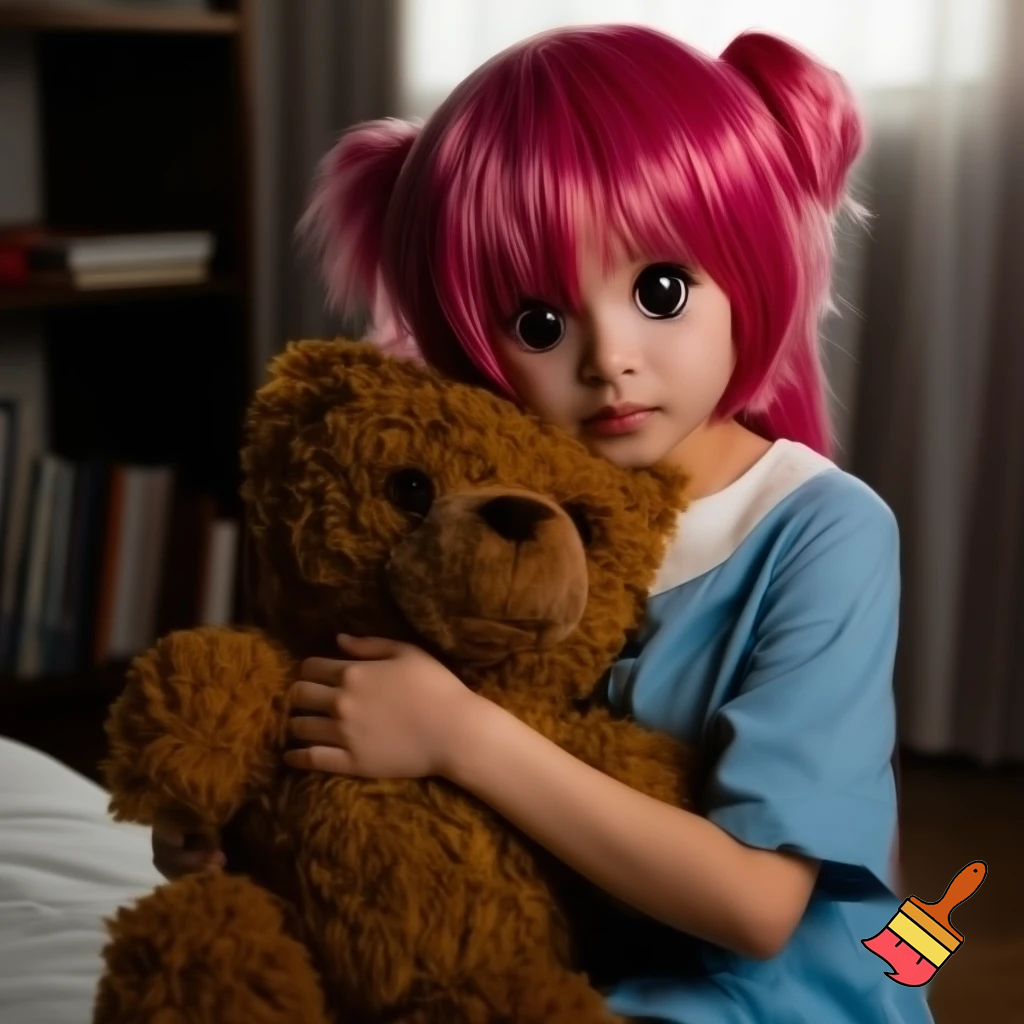 Anime girl hugging a teddy bear