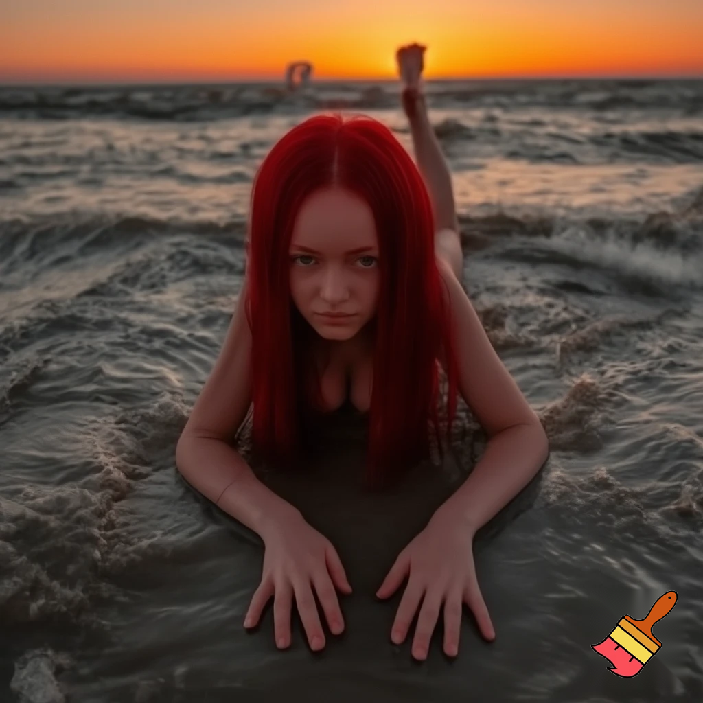 Ragazza dai capelli rossi distesa al tramonto su una spiaggia, bagnata dalle onde sul suo corpo nudo. Vista frontale, la ragazza ha le gambe aperte i capelli sono mossi 