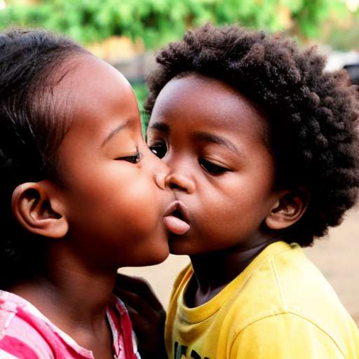An african kid French kissing a friend chicken