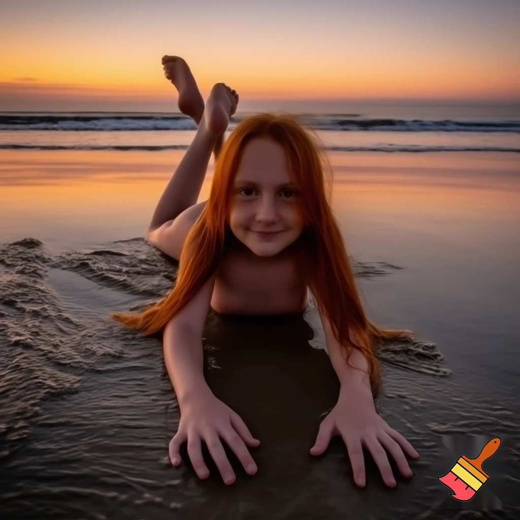 Ragazza dai capelli rossi distesa al tramonto su una spiaggia, bagnata dalle onde sul suo corpo nudo. Vista frontale, la ragazza ha le gambe aperte i capelli sono mossi. I seni in vista e monte di venere rasato