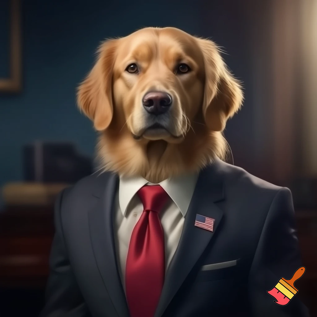 make me a golden retriever in a suit with a red tie tucked in with the American flag pin Donald Trump has