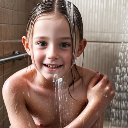 Crea la imagen real en alta definicion de una niña rubia de 8 años con su padre en la ducha  desnudos teniendo intimidad, con vista de cuerpo completo