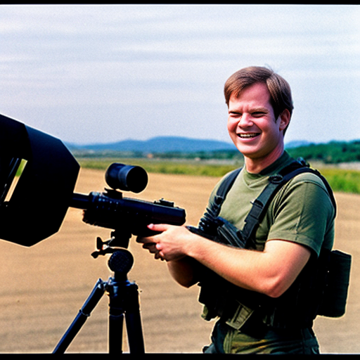 garfield smiling with angry eyes standing in front of a usa background firing a machine gun with tripod.