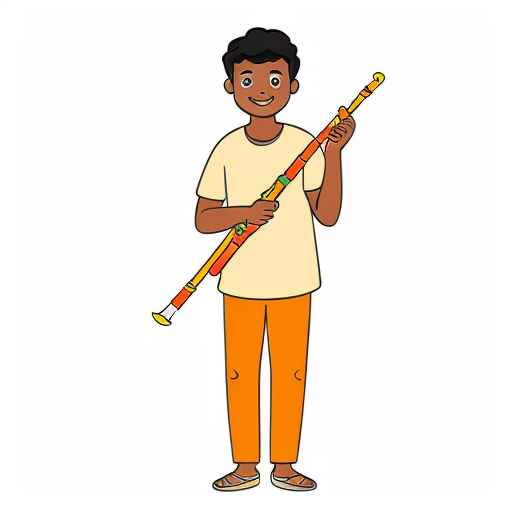 Krishna, a young boy, with his flute, standing happily with a bright smile.