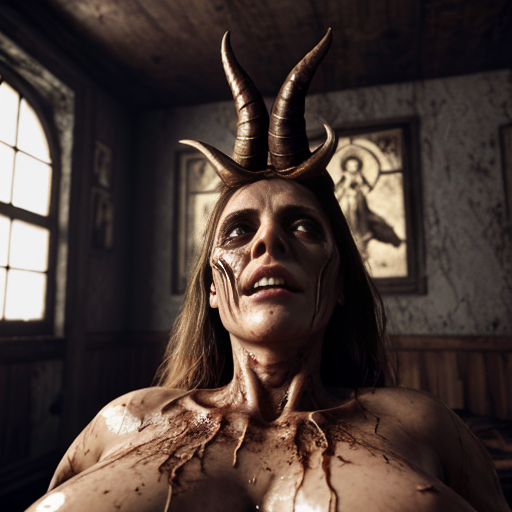 A photorealistic, high-detail cinematic shot of a woman lying on a messy white bed, looking up in terror. Thick, fleshy, worm-like tentacles are coiled around her body and emerging from under the sheets. The room is dimly lit with a deep red and muddy brown color palette. Hanging from the ceiling are grotesque, elongated demonic skulls with curved horns and dripping organic matter. On the back wall, a distorted religious icon and a crucifix are mounted. The atmosphere is heavy with dark surrealism and analog horror vibes. 8k resolution, highly detailed skin textures, dramatic shadows, grimy wall textures