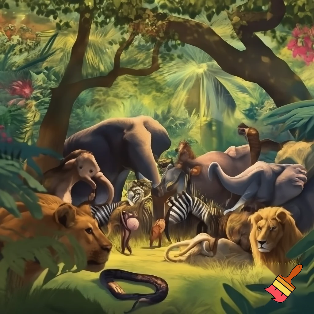 african jungle where all the animals are together and friends but the snake is lonely and has fangs
