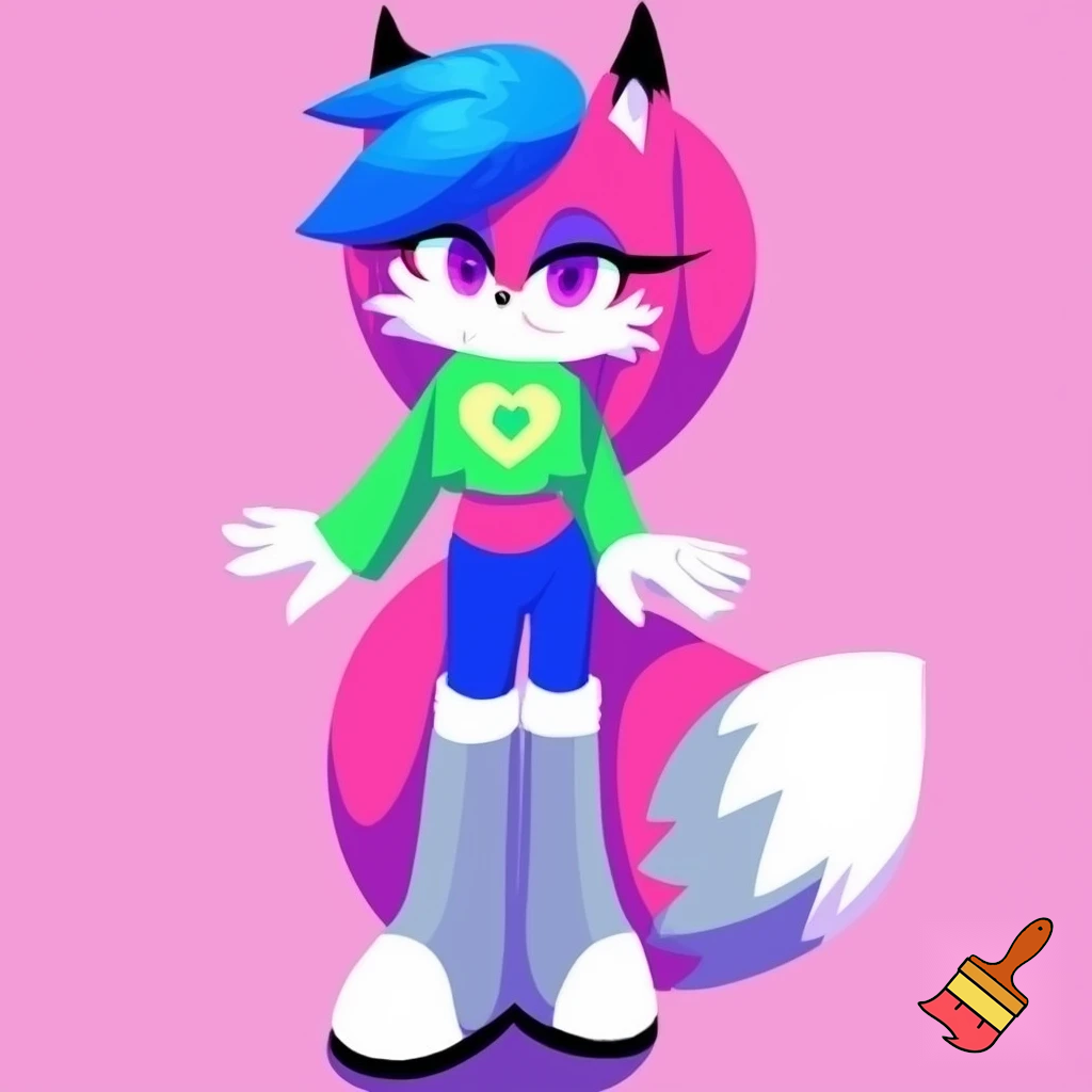 Pink fox sonic oc female with purple eyes, blue at end of swept hair on left side in front and long straight hair in back, black tipped ears, green cropped shirt with long sleeves and light yellow heart in the middle of shirt with an even smaller green heart in the middle of that light yellow heart, blue pants and long white and gray-blue gradient boots. sonic styled fox. no eyeshadow. white fluffy cheeks and stomach.