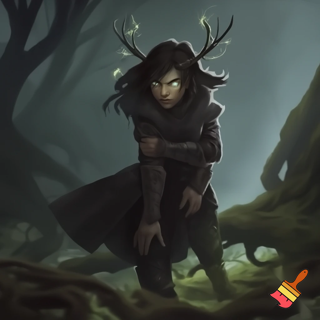 dnd druid rouge in all black with glowing eyes and small deer antlers
