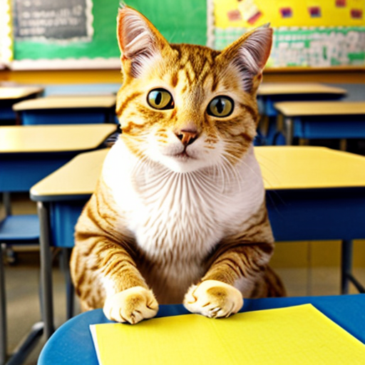 a yellow cat says here in school