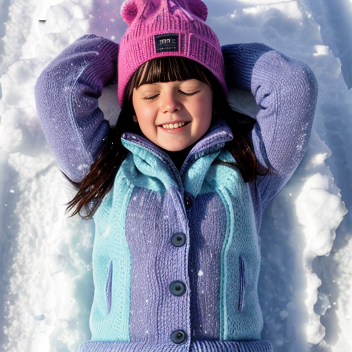 Create a pinkie pie equestria girls wearing light blue knit hats, light blue winter jacket, light blue mittens, purple pants and light blue boots in on back - lying down snow and making a snow angel in eyes closed and tooths grinw