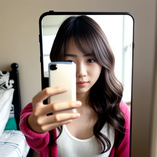  L'immagine mostra una ragazza asiatica  dai capelli scuri e ondulati che scatta un selfie allo specchio in quella che sembra essere una camera da letto. La persona è in piedi, con una mano sollevata tra i capelli e l'altra che tiene lo smartphone per catturare l'immagine.
Sullo sfondo si notano diversi elementi tipici di una stanza vissuta:
Un letto con lenzuola chiare e cuscini di vari colori.
Alcuni oggetti personali sparsi, tra cui capi di abbigliamento rossi e blu.
Una bottiglia d'acqua sul pavimento accanto alla struttura del letto
Nell'immagine si possono notare diversi elementi di abbigliamento e tessuti sparsi nella stanza:
Sullo sfondo, a sinistra, ci sono dei cuscini e delle lenzuola colorate sul letto.
A destra, appoggiati su una superficie, sono visibili dei capi di abbigliamento dai colori vivaci, in particolare un indumento di colore rosso acceso e uno blu.
In primo piano, la persona nell'immagine non indossa vestiti, ma sono presenti delle barre nere di censura sovrapposte alla foto