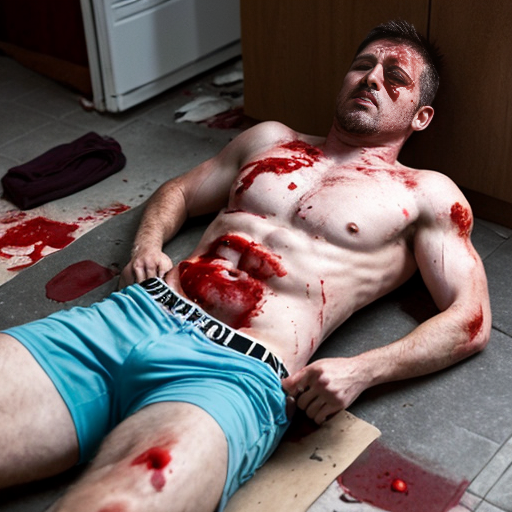 shirtless random man (neighbor, not everyone has 6 pack.), face are hiding by shirt, died already, chest are open wounded circle in random man, blood everywhere, eye closed, floor (on random place) on corpse body.