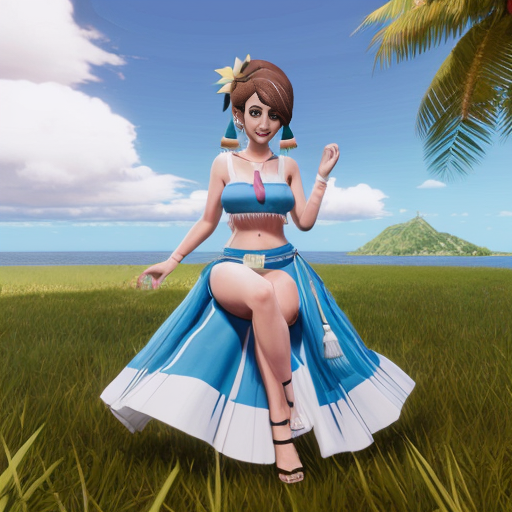 Lana from Pokemon Sun and Moon outfit otea tahiti  in  grass skirt  bleu and tassel   bleu sky 