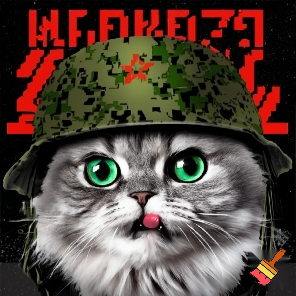 A hyper-realistic close-up portrait of a fluffy gray Siberian cat with bright green eyes, sticking its tongue out playfully. The cat is wearing a digital pixelated camouflage military helmet. The style is a Soviet-era military or socialist realism, with bold stylized graphics, high contrast, and a limited color palette of olive green, black, red, and white. In the background, bold Cyrillic text in red and white: at the top "БООРУЖЕННЫЕ СИЛЫ РОССИИ" (Armed Forces of Russia) and at the bottom "KAMAZ". The letter "Z" is prominently displayed on the side of the helmet or in the background. The image has a slightly grainy, vintage print texture. The mood is ironic and humorous, mixing cuteness with military aesthetics. --style raw --ar 2:3