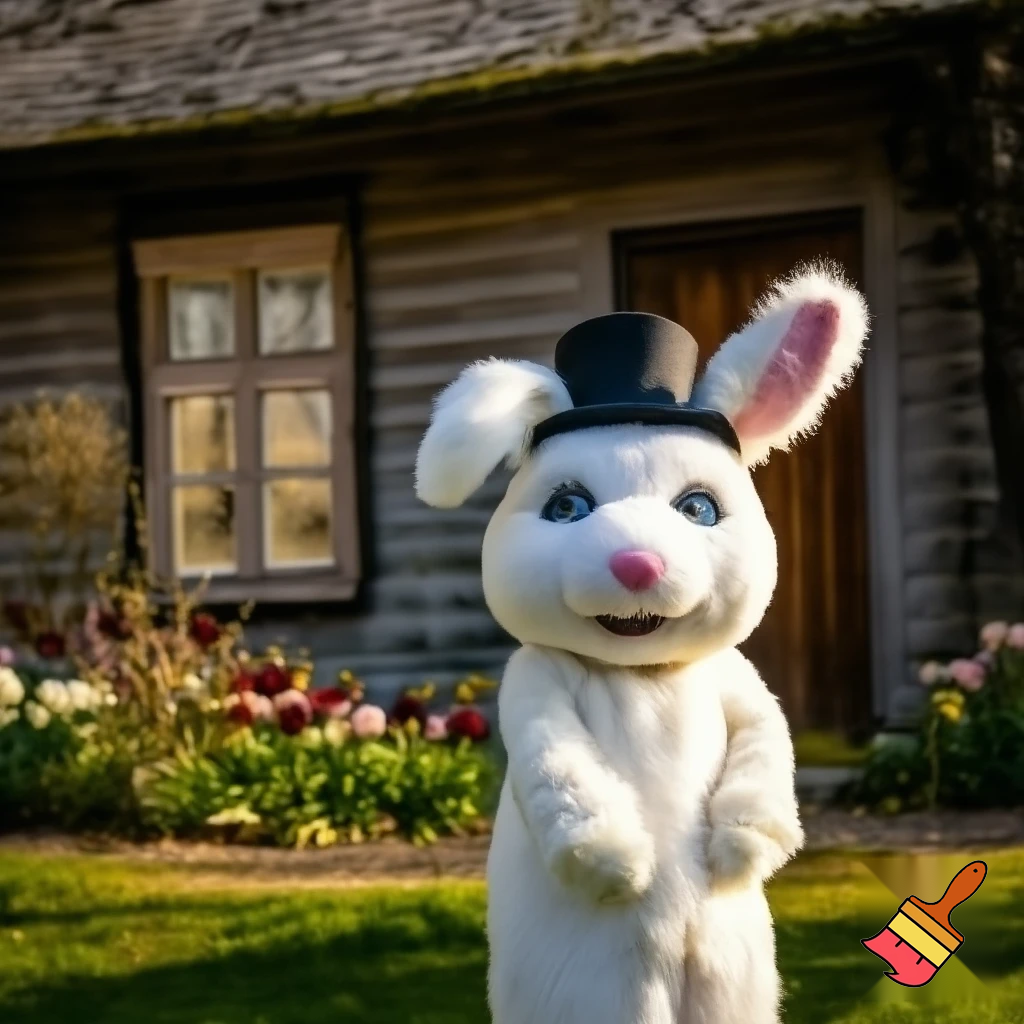 Easter bunny mascot top hat costume his house