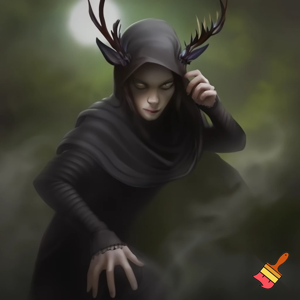 dnd druid rouge in all black with glowing eyes and small deer antlers