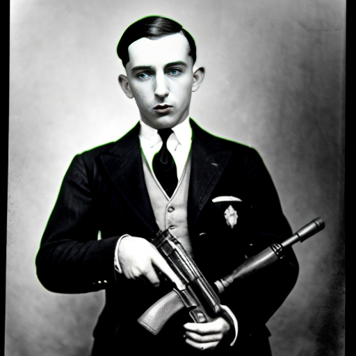 a picture of al copone  with a tommy gun in the 20s looking like a gangster
