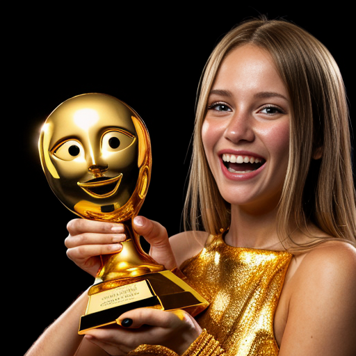 the emotion proud one person gold holding trophy Pixar cartoon style gold skin  happy pretty  gold face inside out movie gold everything orange