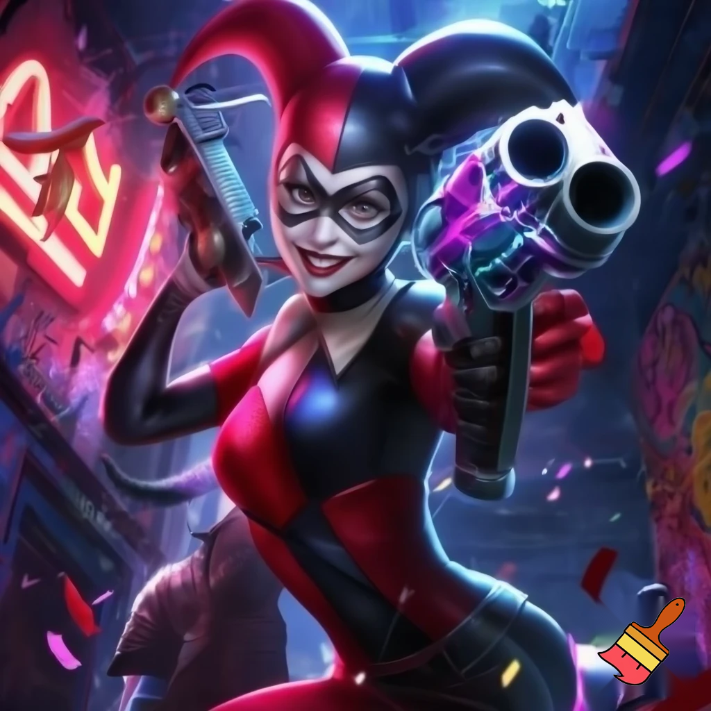 Harley Quinn using a pistol 