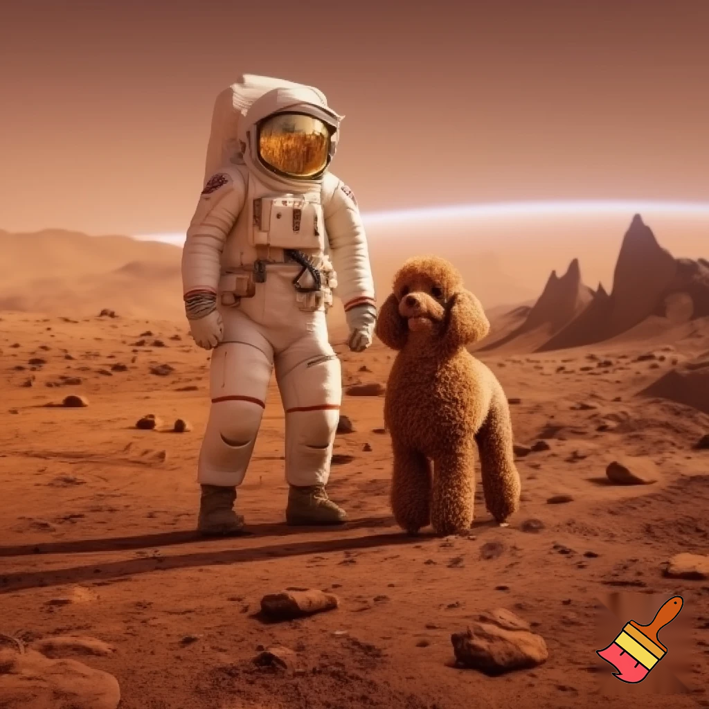 Man in mars with brown poodle 