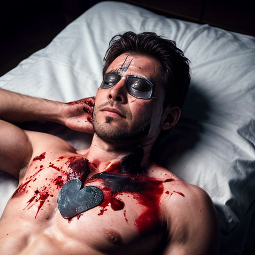 A shirtless man, face are hiding by shirt with cut on eye part, died, chest open wounded, blood everywhere, eye closed.