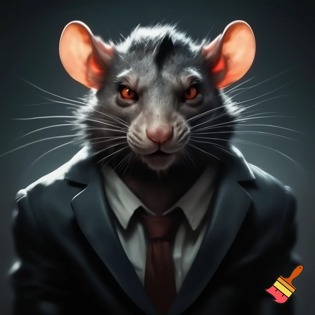 fierce smirking rat, neat business suit, mugshot red eyes, sinister 