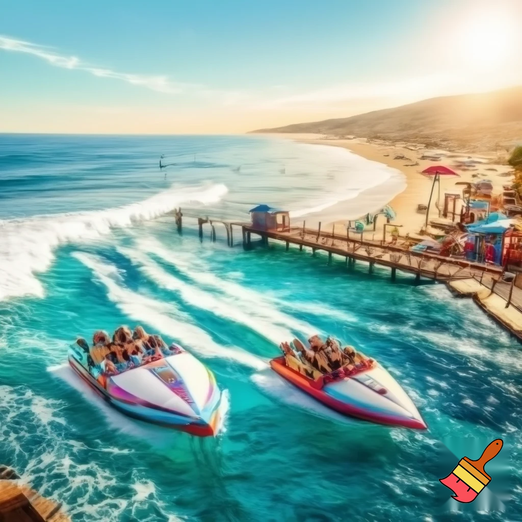 Create a realistic water boat theme park ride inspired in beachy Malibu with a fun vibe. Add path