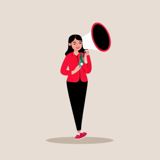 caricatura mujer con maleta, megafono y un corazon floreciendo