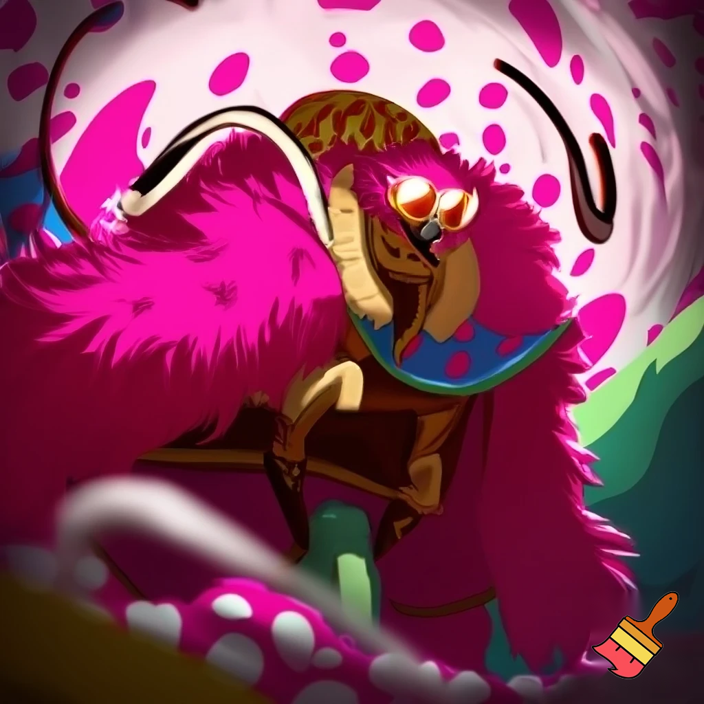 create chopper from one piece dressed as donquixote doflamingo with the glasses on his eyes