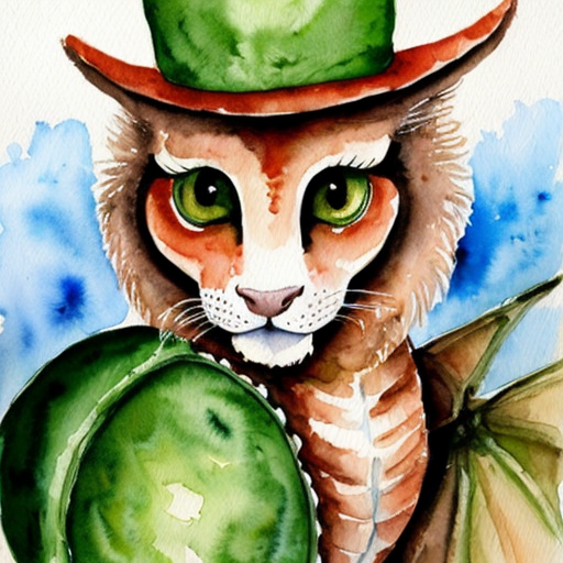 A big red baby dragon with blue large eyes and a green hat
