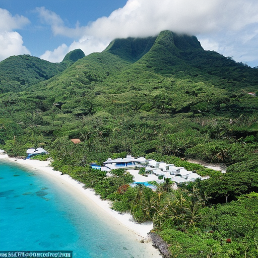 a tropical military base that was turned into a peacefully island village with lush trees and small huts with a large mountain on the far side of the island