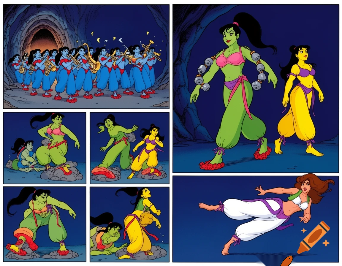 90's disney's 2d aladdin style comic dark blue background and panels of panel 1 a marching band of black haired ponytail women  with blue skin,blue harem pants red bra and red sash and red curved slippers and each playing an instrument while marching out of the remains of the belly bugle. 
Panel 2 followed by a giant black haired ponytail woman with green skin,green harem pants pink bra and pink curved slippers sash with cowbells who marches in front of a black haired ponytail woman with yellow skin, yellow harem pants, purple bra and purple sash and purple curved slippers . 
Panel 3 then the giant black haired ponytail woman with green skin,green harem pants pink bra and pink curved slippers sash with cowbells  who repeatedly steping and squishing on a black haired ponytail woman with yellow skin, yellow harem pants, purple bra and purple sash and purple curved slippers 
Panel 4 The black haired ponytail woman with yellow skin,yellow harem pants purple bra and purple sash and purple curved slippers eventually has enough and sneaks behind the giant black haired ponytail woman with green skin,green harem pants pink bra and pink sash and pink curved slippers 
panel 5 The curvy figure woman with brown hair barefoot with white harem pants with a purple sash and green vest and white bra then kicks the giant black haired ponytail woman with green skin,green harem pants pink bra and pink sash and pink curved slippers in the butt. 
Panel 6 then the giant black haired ponytail woman with green skin,green harem pants pink bra and pink sash and pink curved slippers split into three black haired ponytail women with big breast and hips green skin,green harem pants pink bra and pink sash and pink curved slippers.